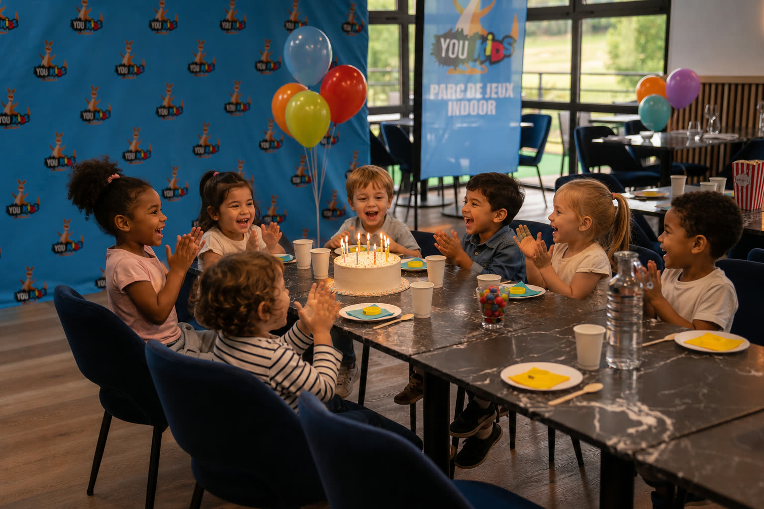 Enfants soufflant les bougies d'un gâteau d'anniversaire chez You Kids Thiverval Liberty