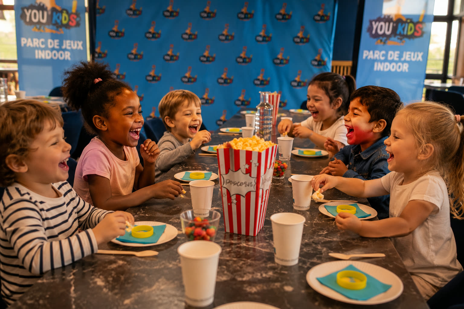 Enfants partageant le goûter d'anniversaire chez You Kids Thiverval Liberty