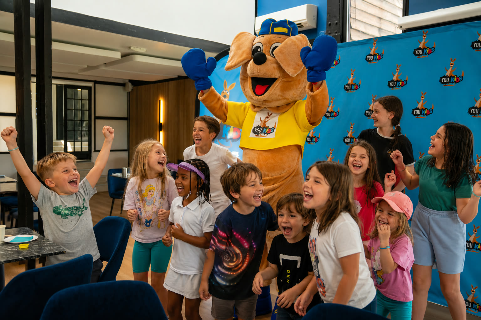 Groupe d'enfants fêtant un anniversaire SuperKids avec la mascotte You Kids